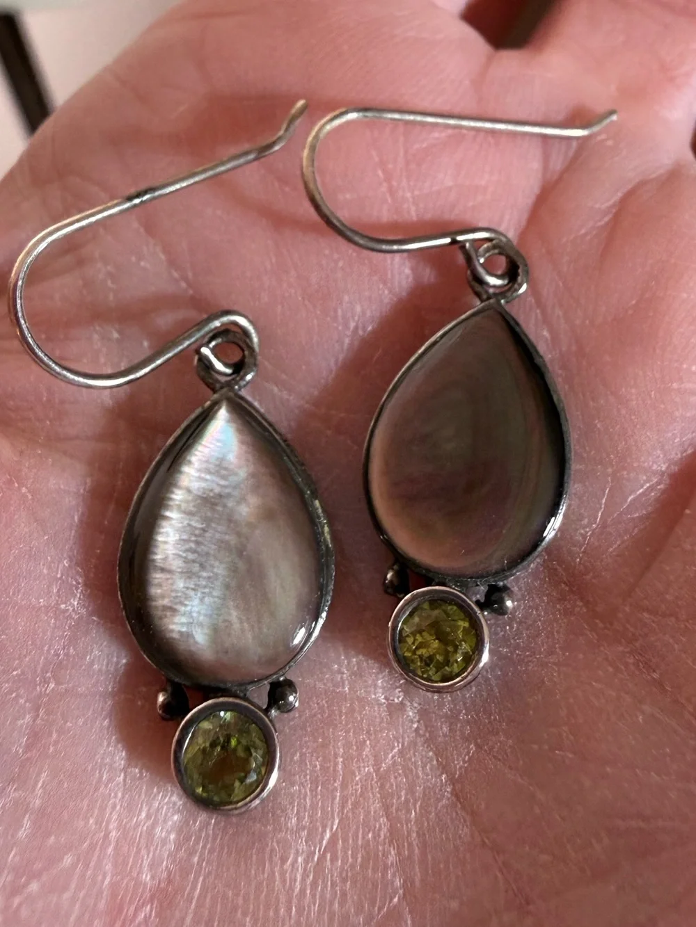 Sterling silver Abalone shell tear drop green Peridot Dangle Minimalist earrings